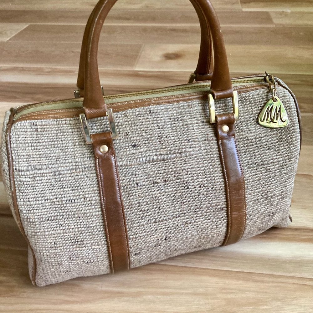 Morris Moscowitz Vintage Tan Woven Fabric Handbag Leather Handles 1950s/1960s